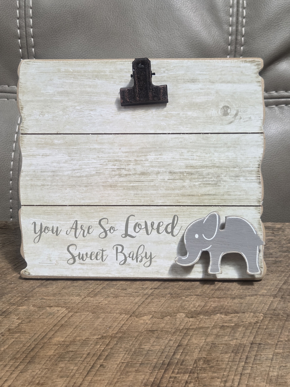 "You Are So Loved Sweet Baby" White Washed Wood Elephant Clip Frame Bin 1E